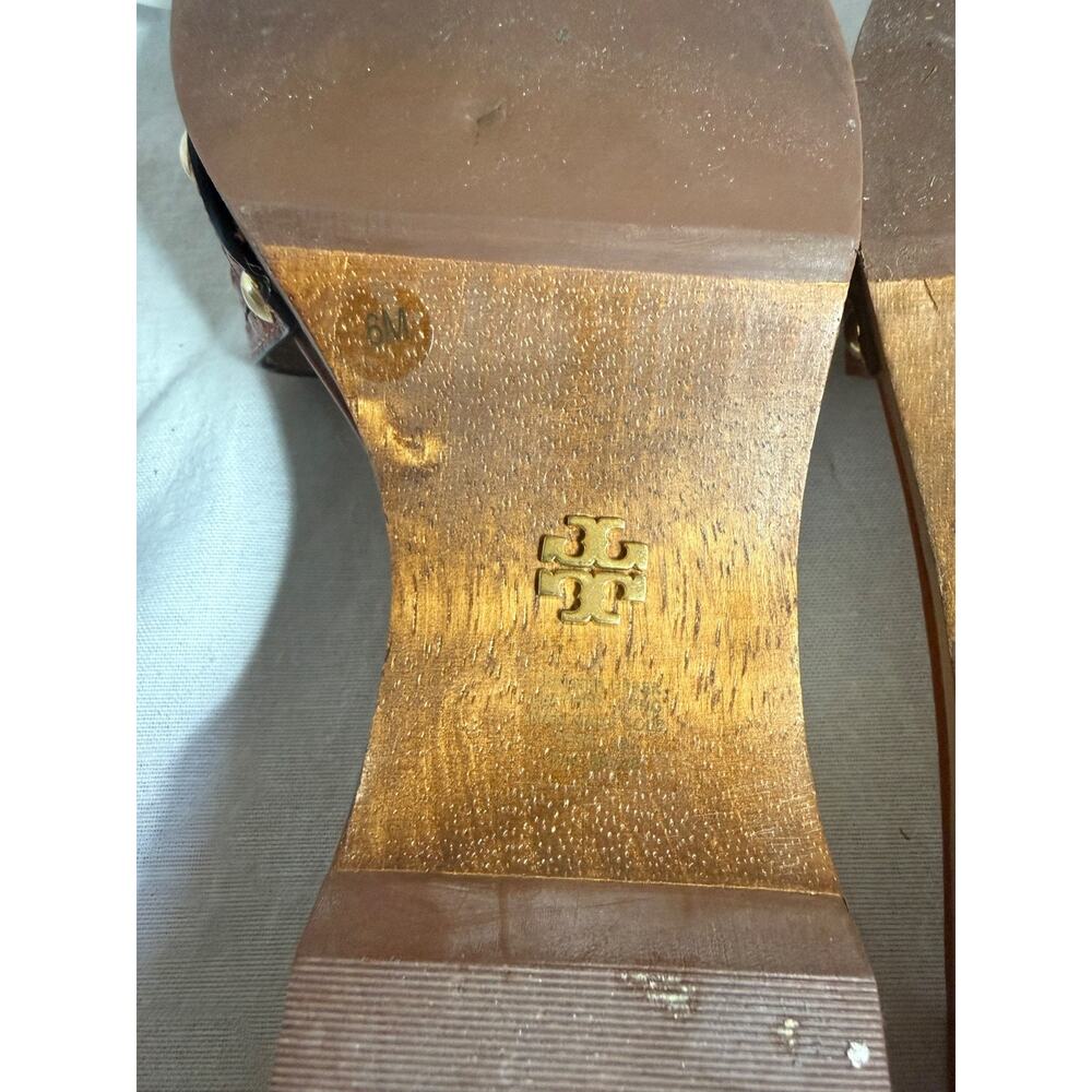 Tory Burch Basketweave Brown Leather Wooden Clog Slip On Size 6 medium - Picture 4 of 6